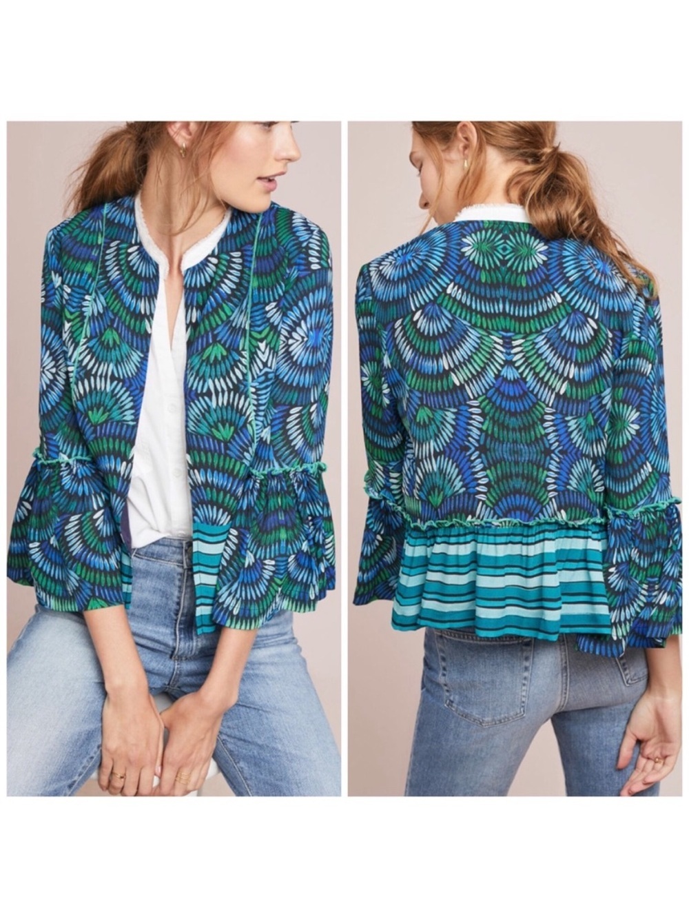 BLANK LONDON Anthropologie Jacket Women’s Small Blue Green Motif Annette Printed
